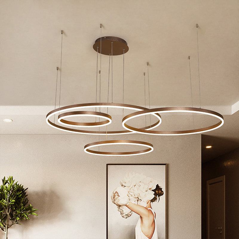 Modern 3/4-Tiered Chandelier Metallic Living Room Circle LED Pendant Lighting in Gold/Coffee, Warm/White Light Coffee 4 Tiers Clearhalo 'Ceiling Lights' 'Chandeliers' 'Modern Chandeliers' 'Modern' Lighting' 1969399