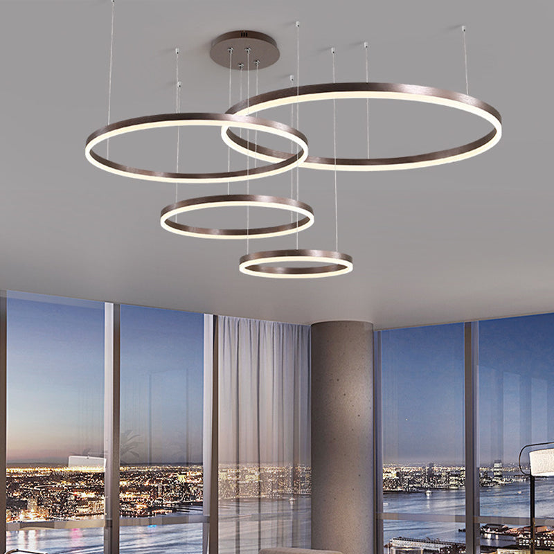 Modern 3/4-Tiered Chandelier Metallic Living Room Circle LED Pendant Lighting in Gold/Coffee, Warm/White Light Clearhalo 'Ceiling Lights' 'Chandeliers' 'Modern Chandeliers' 'Modern' Lighting' 1969400