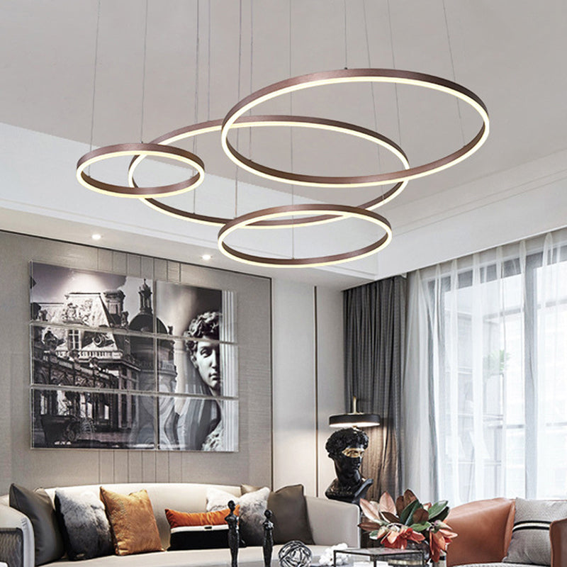 Modern 3/4-Tiered Chandelier Metallic Living Room Circle LED Pendant Lighting in Gold/Coffee, Warm/White Light Clearhalo 'Ceiling Lights' 'Chandeliers' 'Modern Chandeliers' 'Modern' Lighting' 1969401
