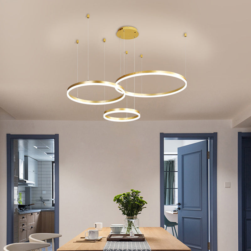 Modern 3/4-Tiered Chandelier Metallic Living Room Circle LED Pendant Lighting in Gold/Coffee, Warm/White Light Gold 3 Tiers Clearhalo 'Ceiling Lights' 'Chandeliers' 'Modern Chandeliers' 'Modern' Lighting' 1969403