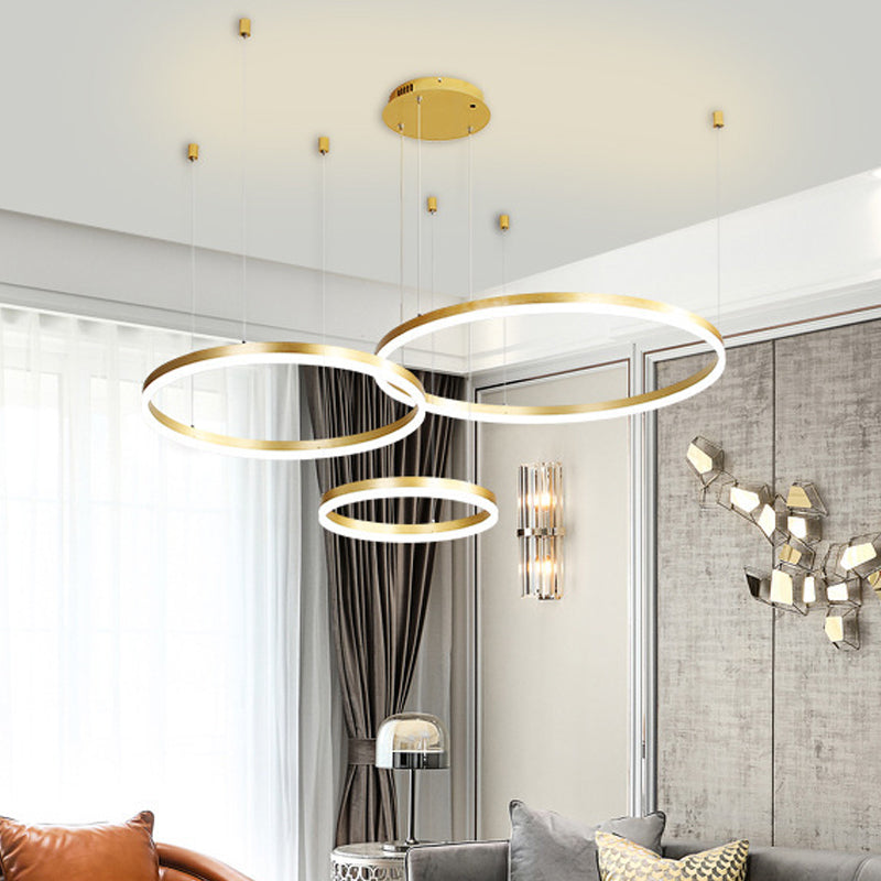 Modern 3/4-Tiered Chandelier Metallic Living Room Circle LED Pendant Lighting in Gold/Coffee, Warm/White Light Clearhalo 'Ceiling Lights' 'Chandeliers' 'Modern Chandeliers' 'Modern' Lighting' 1969404
