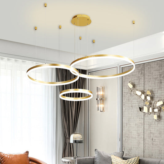 Modern 3/4-Tiered Chandelier Metallic Living Room Circle LED Pendant Lighting in Gold/Coffee, Warm/White Light Clearhalo 'Ceiling Lights' 'Chandeliers' 'Modern Chandeliers' 'Modern' Lighting' 1969404