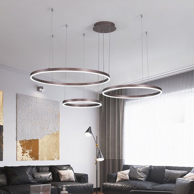 Modern 3/4-Tiered Chandelier Metallic Living Room Circle LED Pendant Lighting in Gold/Coffee, Warm/White Light Coffee 3 Tiers Clearhalo 'Ceiling Lights' 'Chandeliers' 'Modern Chandeliers' 'Modern' Lighting' 1969408