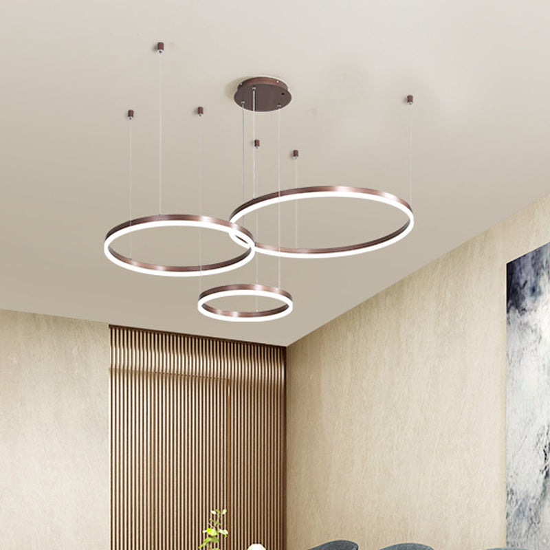 Modern 3/4-Tiered Chandelier Metallic Living Room Circle LED Pendant Lighting in Gold/Coffee, Warm/White Light Clearhalo 'Ceiling Lights' 'Chandeliers' 'Modern Chandeliers' 'Modern' Lighting' 1969409
