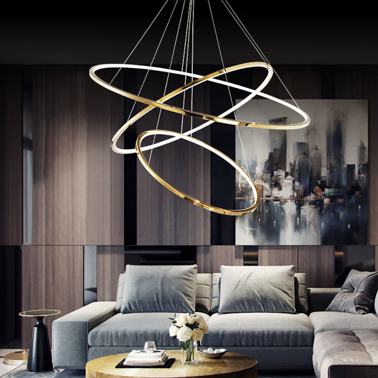 Minimalist 3/5 Tiers LED Pendant Lighting Stainless Steel Living Room Extra-Slim Hoop Chandelier in Gold Gold 3 Tiers Clearhalo 'Ceiling Lights' 'Chandeliers' 'Modern Chandeliers' 'Modern' Lighting' 1969436