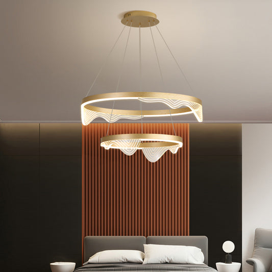 Post-Modern LED Hanging Pendant Gold 2/3 Tiered Wavy-Edge Round Chandelier with Acrylic Shade Gold 2 Tiers Clearhalo 'Ceiling Lights' 'Chandeliers' 'Modern Chandeliers' 'Modern' Lighting' 1969459