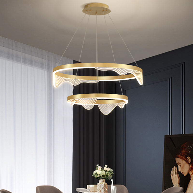 Post-Modern LED Hanging Pendant Gold 2/3 Tiered Wavy-Edge Round Chandelier with Acrylic Shade Clearhalo 'Ceiling Lights' 'Chandeliers' 'Modern Chandeliers' 'Modern' Lighting' 1969460