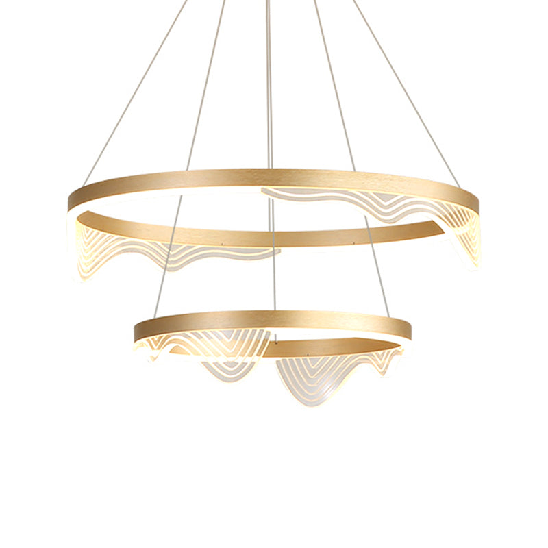 Post-Modern LED Hanging Pendant Gold 2/3 Tiered Wavy-Edge Round Chandelier with Acrylic Shade Clearhalo 'Ceiling Lights' 'Chandeliers' 'Modern Chandeliers' 'Modern' Lighting' 1969461