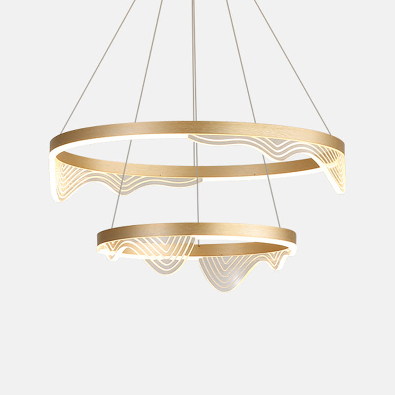 Post-Modern LED Hanging Pendant Gold 2/3 Tiered Wavy-Edge Round Chandelier with Acrylic Shade Clearhalo 'Ceiling Lights' 'Chandeliers' 'Modern Chandeliers' 'Modern' Lighting' 1969462