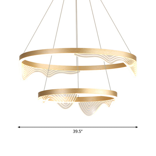 Post-Modern LED Hanging Pendant Gold 2/3 Tiered Wavy-Edge Round Chandelier with Acrylic Shade Clearhalo 'Ceiling Lights' 'Chandeliers' 'Modern Chandeliers' 'Modern' Lighting' 1969463