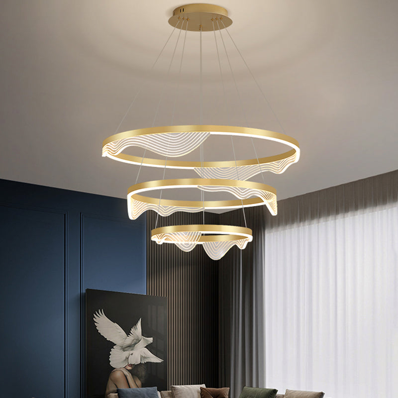 Post-Modern LED Hanging Pendant Gold 2/3 Tiered Wavy-Edge Round Chandelier with Acrylic Shade Gold 3 Tiers Clearhalo 'Ceiling Lights' 'Chandeliers' 'Modern Chandeliers' 'Modern' Lighting' 1969464