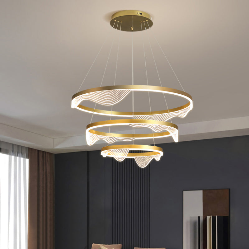 Post-Modern LED Hanging Pendant Gold 2/3 Tiered Wavy-Edge Round Chandelier with Acrylic Shade Clearhalo 'Ceiling Lights' 'Chandeliers' 'Modern Chandeliers' 'Modern' Lighting' 1969465