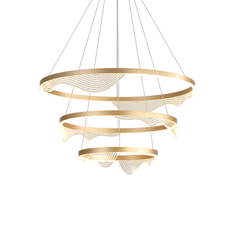 Post-Modern LED Hanging Pendant Gold 2/3 Tiered Wavy-Edge Round Chandelier with Acrylic Shade Clearhalo 'Ceiling Lights' 'Chandeliers' 'Modern Chandeliers' 'Modern' Lighting' 1969467