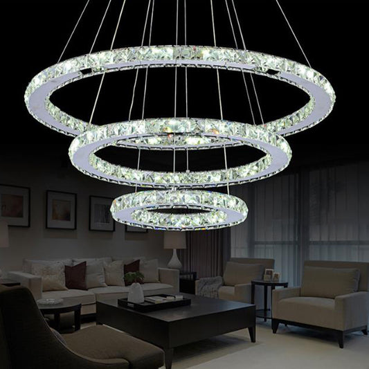 2/3 Tiers Crystal Encrusted Chandelier Stylish Simple Chrome Hoop LED Pendant Lighting in Warm/White Light Chrome 3 Tiers Clearhalo 'Ceiling Lights' 'Chandeliers' 'Modern Chandeliers' 'Modern' Lighting' 1969469