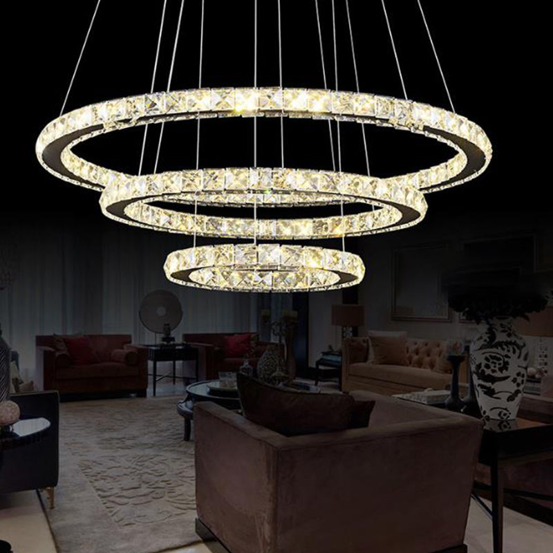 2/3 Tiers Crystal Encrusted Chandelier Stylish Simple Chrome Hoop LED Pendant Lighting in Warm/White Light Clearhalo 'Ceiling Lights' 'Chandeliers' 'Modern Chandeliers' 'Modern' Lighting' 1969470