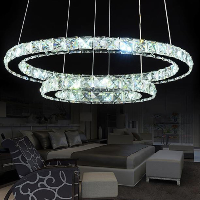 2/3 Tiers Crystal Encrusted Chandelier Stylish Simple Chrome Hoop LED Pendant Lighting in Warm/White Light Chrome 2 Tiers Clearhalo 'Ceiling Lights' 'Chandeliers' 'Modern Chandeliers' 'Modern' Lighting' 1969471