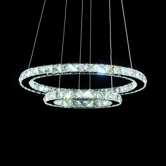 2/3 Tiers Crystal Encrusted Chandelier Stylish Simple Chrome Hoop LED Pendant Lighting in Warm/White Light Clearhalo 'Ceiling Lights' 'Chandeliers' 'Modern Chandeliers' 'Modern' Lighting' 1969472