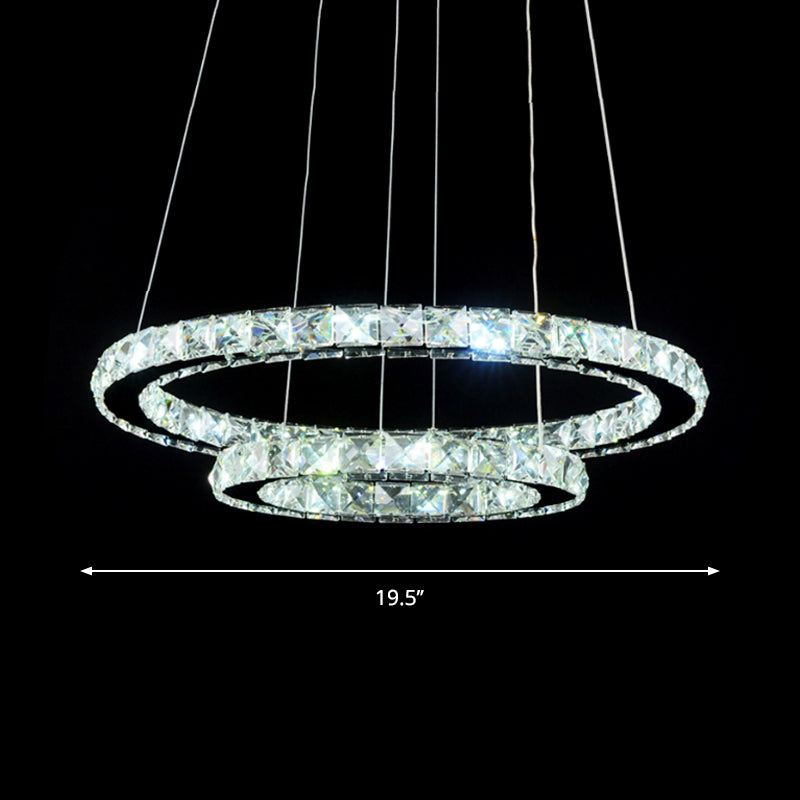 2/3 Tiers Crystal Encrusted Chandelier Stylish Simple Chrome Hoop LED Pendant Lighting in Warm/White Light Clearhalo 'Ceiling Lights' 'Chandeliers' 'Modern Chandeliers' 'Modern' Lighting' 1969473
