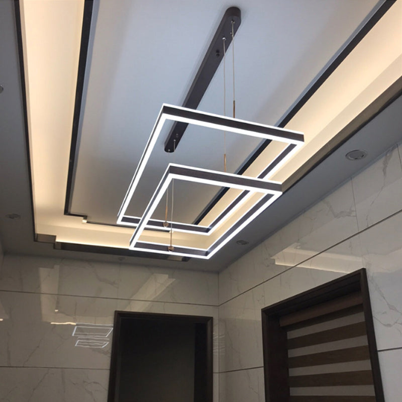 Aluminum 2/3-Tiered Rectangular Pendant Light Modernism Brown LED Chandelier in Warm/White Light Clearhalo 'Ceiling Lights' 'Chandeliers' 'Modern Chandeliers' 'Modern' Lighting' 1969475