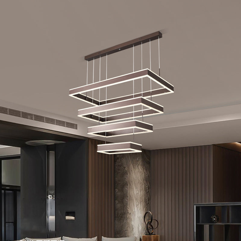 Simplicity LED Hanging Ceiling Light Coffee 2/3/4 Tiered Rectangle Chandelier with Acrylic Shade Coffee 4 Tiers Clearhalo 'Ceiling Lights' 'Chandeliers' 'Modern Chandeliers' 'Modern' Lighting' 1969484