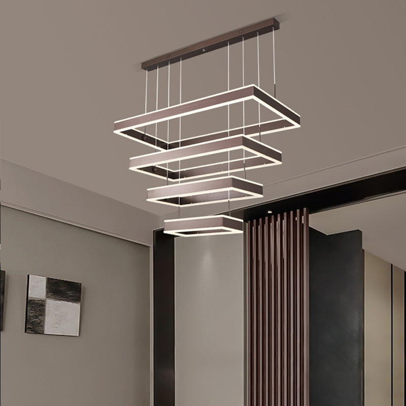 Simplicity LED Hanging Ceiling Light Coffee 2/3/4 Tiered Rectangle Chandelier with Acrylic Shade Clearhalo 'Ceiling Lights' 'Chandeliers' 'Modern Chandeliers' 'Modern' Lighting' 1969485