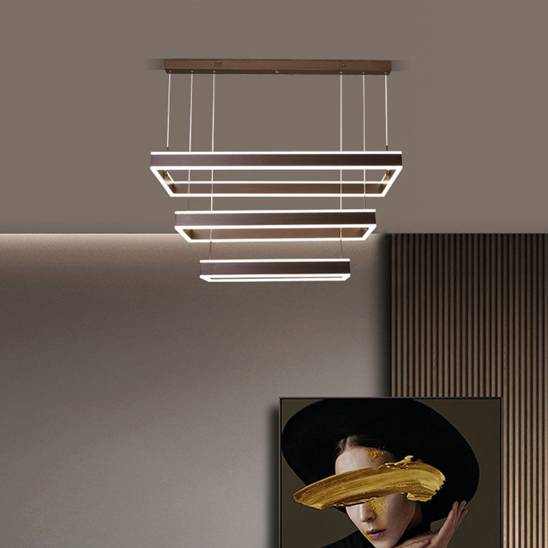 Simplicity LED Hanging Ceiling Light Coffee 2/3/4 Tiered Rectangle Chandelier with Acrylic Shade Coffee 3 Tiers Clearhalo 'Ceiling Lights' 'Chandeliers' 'Modern Chandeliers' 'Modern' Lighting' 1969494