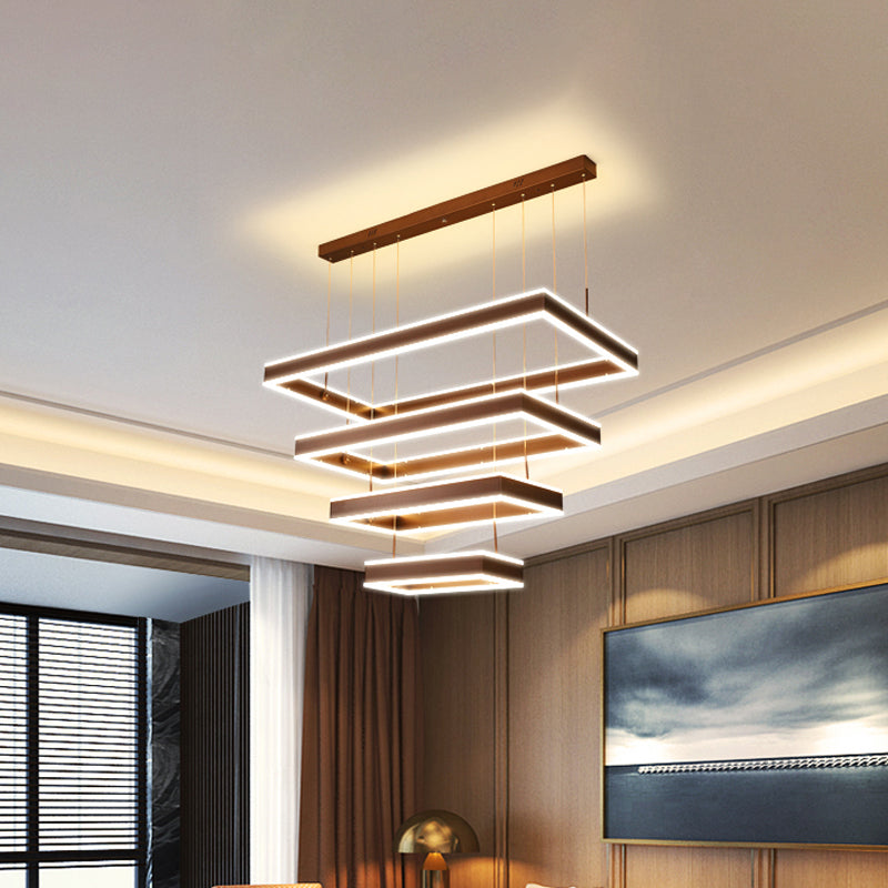 Modernist Tapered Rectangle Chandelier Aluminum Dining Room 2/3/4-Tier LED Pendant Lamp in Brown, Warm/White Light Brown 4 Tiers Clearhalo 'Ceiling Lights' 'Chandeliers' 'Modern Chandeliers' 'Modern' Lighting' 1969499