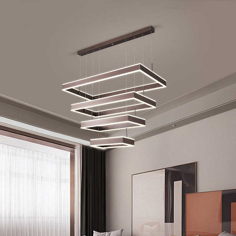 Modernist Tapered Rectangle Chandelier Aluminum Dining Room 2/3/4-Tier LED Pendant Lamp in Brown, Warm/White Light Clearhalo 'Ceiling Lights' 'Chandeliers' 'Modern Chandeliers' 'Modern' Lighting' 1969501