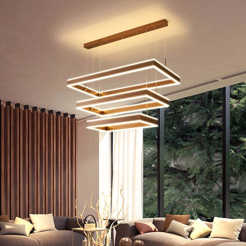 Modernist Tapered Rectangle Chandelier Aluminum Dining Room 2/3/4-Tier LED Pendant Lamp in Brown, Warm/White Light Clearhalo 'Ceiling Lights' 'Chandeliers' 'Modern Chandeliers' 'Modern' Lighting' 1969506