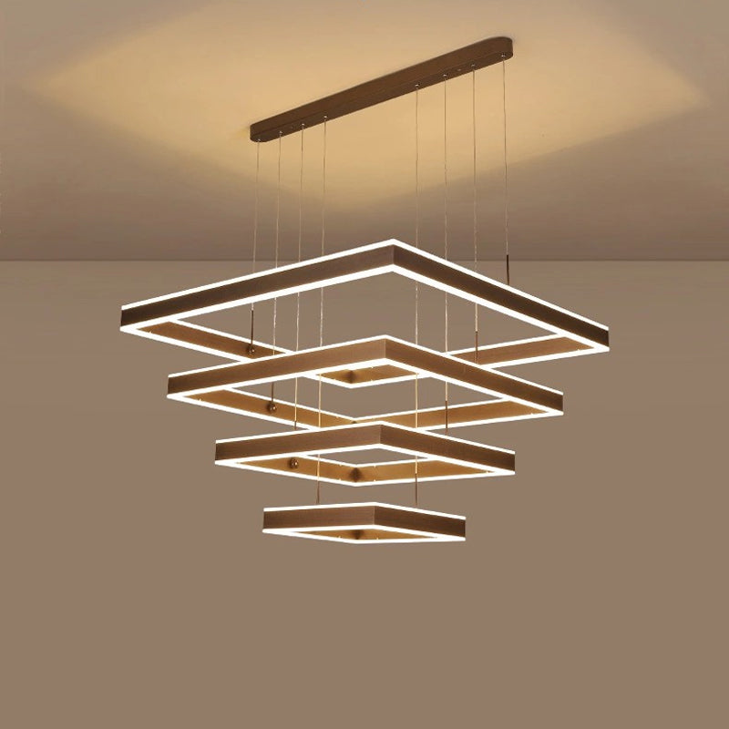 2/3/4 Tiers Square Living Room Chandelier Acrylic Minimalist LED Suspension Pendant in Coffee, Warm/White Light Coffee 4 Tiers Clearhalo 'Ceiling Lights' 'Chandeliers' 'Modern Chandeliers' 'Modern' Lighting' 1969514