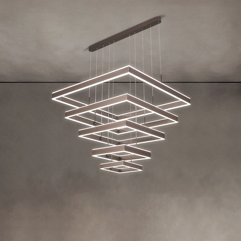 2/3/4 Tiers Square Living Room Chandelier Acrylic Minimalist LED Suspension Pendant in Coffee, Warm/White Light Coffee 5 Tiers & Above Clearhalo 'Ceiling Lights' 'Chandeliers' 'Modern Chandeliers' 'Modern' Lighting' 1969529