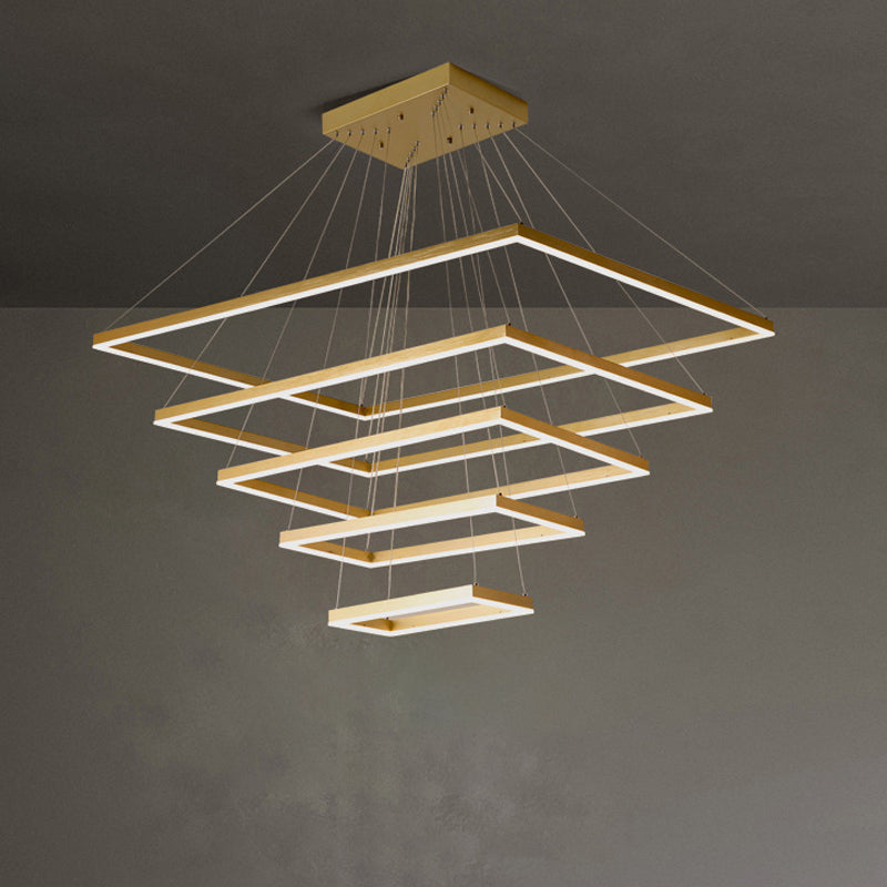 Brushed Gold 2/3/4-Tier Rectangle Pendant Modern Metallic LED Chandelier Light Fixture Clearhalo 'Ceiling Lights' 'Chandeliers' 'Modern Chandeliers' 'Modern' Lighting' 1969539