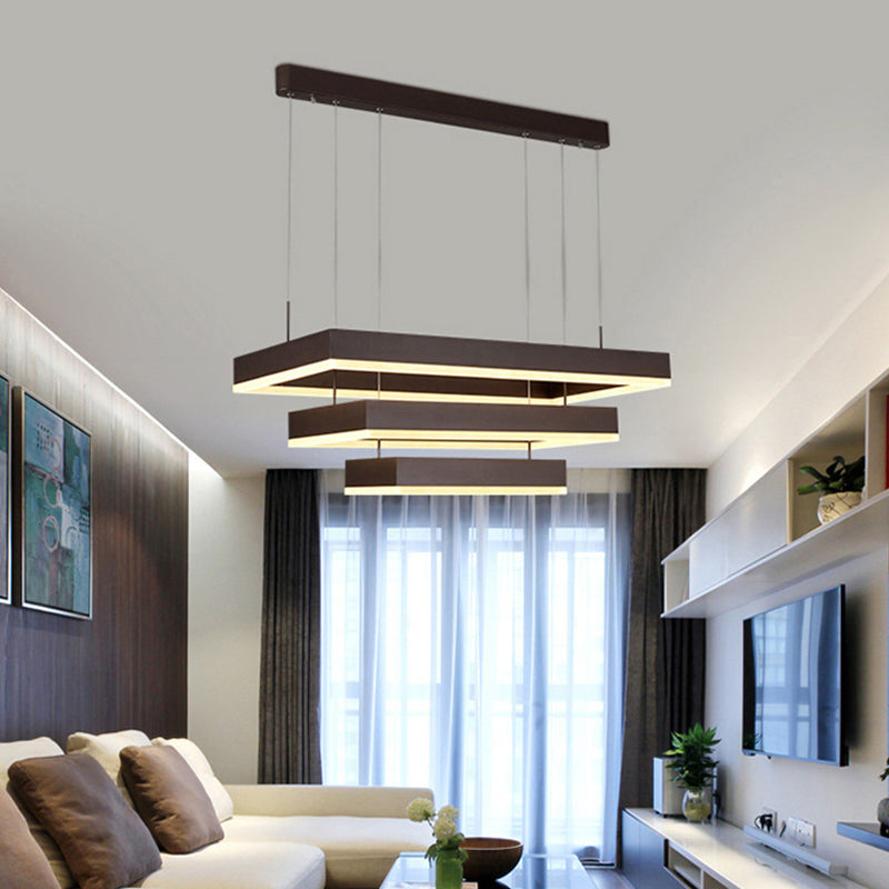 Simplicity Layered Tapered Chandelier Metal Living Room Rectangle LED Pendant Lamp in Brown, Small/Large Brown Clearhalo 'Ceiling Lights' 'Chandeliers' 'Modern Chandeliers' 'Modern' Lighting' 1969549