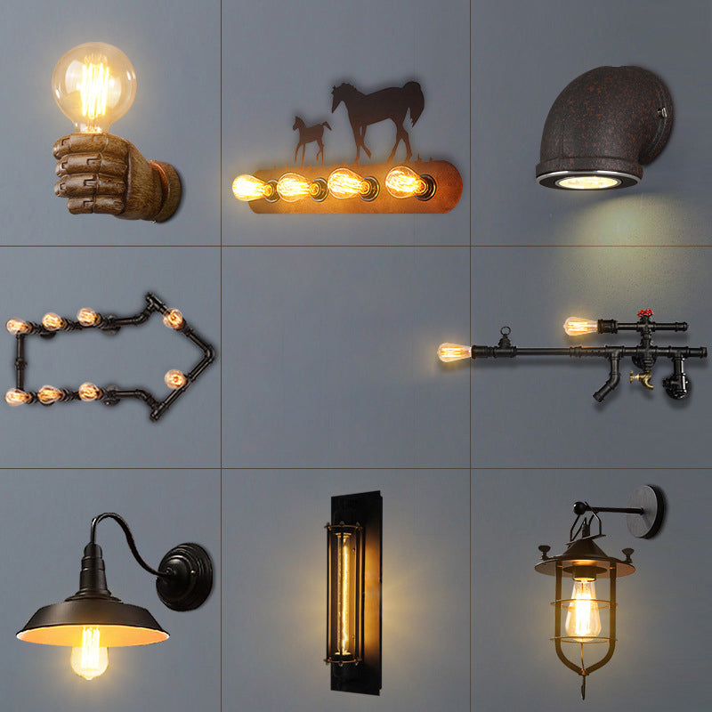 Iron Black Finish Wall Sconce Water Pipe/Cage/Fist Shaped 1-Bulb Industrial Style Wall Mounted Light Fixture Clearhalo 'Art deco wall lights' 'Cast Iron' 'Glass' 'Industrial wall lights' 'Industrial' 'Middle century wall lights' 'Modern' 'Rustic wall lights' 'Tiffany' 'Traditional wall lights' 'Wall Lamps & Sconces' 'Wall Lights' Lighting' 1969603