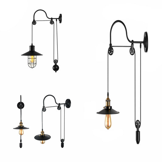 Conical Bedside Pulley Reading Wall Light Industrial Metal 1-Light Black Wall Lamp with Gooseneck Arm Clearhalo 'Art deco wall lights' 'Cast Iron' 'Glass' 'Industrial wall lights' 'Industrial' 'Middle century wall lights' 'Modern' 'Rustic wall lights' 'Tiffany' 'Traditional wall lights' 'Wall Lamps & Sconces' 'Wall Lights' Lighting' 1969623