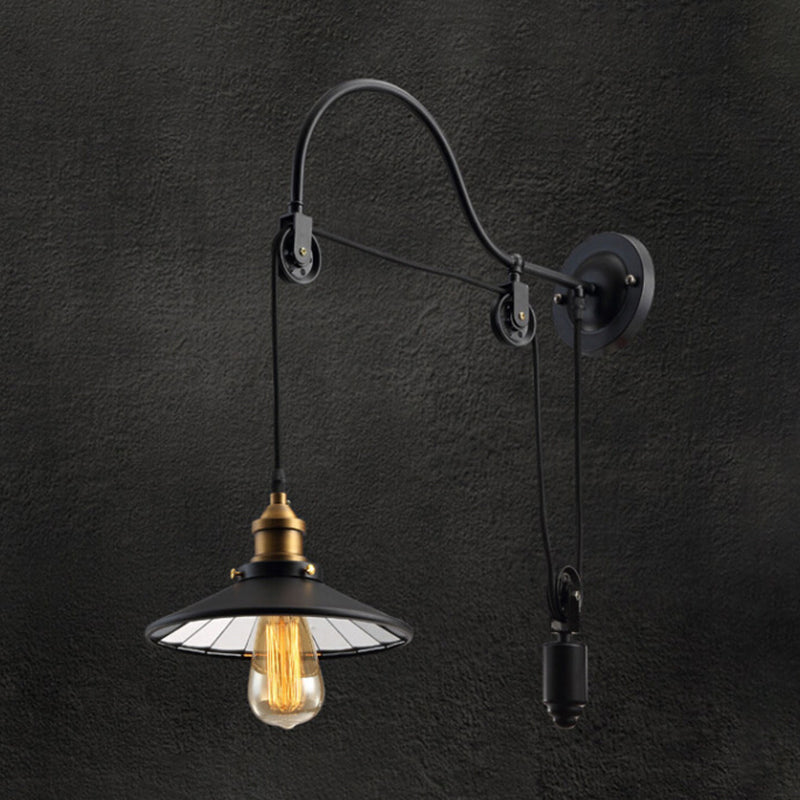 Conical Bedside Pulley Reading Wall Light Industrial Metal 1-Light Black Wall Lamp with Gooseneck Arm Clearhalo 'Art deco wall lights' 'Cast Iron' 'Glass' 'Industrial wall lights' 'Industrial' 'Middle century wall lights' 'Modern' 'Rustic wall lights' 'Tiffany' 'Traditional wall lights' 'Wall Lamps & Sconces' 'Wall Lights' Lighting' 1969624