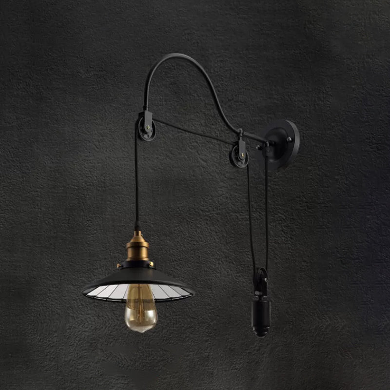 Conical Bedside Pulley Reading Wall Light Industrial Metal 1-Light Black Wall Lamp with Gooseneck Arm Clearhalo 'Art deco wall lights' 'Cast Iron' 'Glass' 'Industrial wall lights' 'Industrial' 'Middle century wall lights' 'Modern' 'Rustic wall lights' 'Tiffany' 'Traditional wall lights' 'Wall Lamps & Sconces' 'Wall Lights' Lighting' 1969625