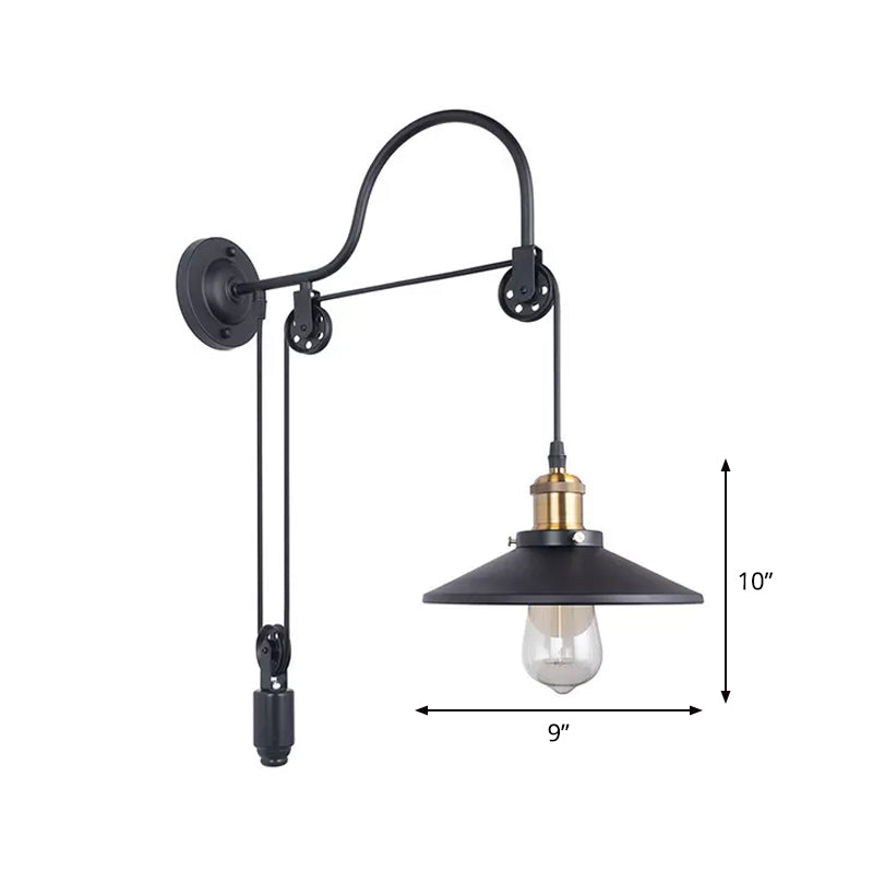 Conical Bedside Pulley Reading Wall Light Industrial Metal 1-Light Black Wall Lamp with Gooseneck Arm Clearhalo 'Art deco wall lights' 'Cast Iron' 'Glass' 'Industrial wall lights' 'Industrial' 'Middle century wall lights' 'Modern' 'Rustic wall lights' 'Tiffany' 'Traditional wall lights' 'Wall Lamps & Sconces' 'Wall Lights' Lighting' 1969626