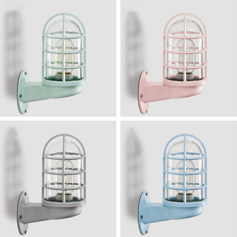 Loft Capsule Wall Lamp Fixture Single Transparent Glass Sconce Light with Wire Cage in Pink/Blue/Rust Clearhalo 'Art deco wall lights' 'Cast Iron' 'Glass' 'Industrial wall lights' 'Industrial' 'Middle century wall lights' 'Modern' 'Rustic wall lights' 'Tiffany' 'Traditional wall lights' 'Wall Lamps & Sconces' 'Wall Lights' Lighting' 1969633
