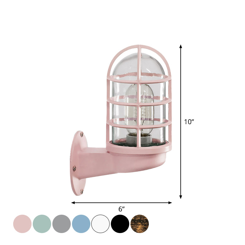 Loft Capsule Wall Lamp Fixture Single Transparent Glass Sconce Light with Wire Cage in Pink/Blue/Rust Clearhalo 'Art deco wall lights' 'Cast Iron' 'Glass' 'Industrial wall lights' 'Industrial' 'Middle century wall lights' 'Modern' 'Rustic wall lights' 'Tiffany' 'Traditional wall lights' 'Wall Lamps & Sconces' 'Wall Lights' Lighting' 1969636