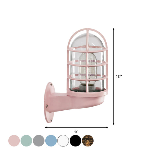 Loft Capsule Wall Lamp Fixture Single Transparent Glass Sconce Light with Wire Cage in Pink/Blue/Rust Clearhalo 'Art deco wall lights' 'Cast Iron' 'Glass' 'Industrial wall lights' 'Industrial' 'Middle century wall lights' 'Modern' 'Rustic wall lights' 'Tiffany' 'Traditional wall lights' 'Wall Lamps & Sconces' 'Wall Lights' Lighting' 1969636