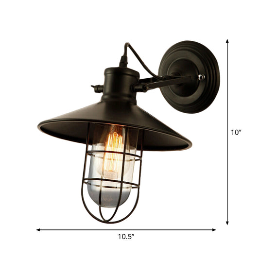 1 Bulb Clear Glass Wall Lighting Farmhouse Black Wire Cage Kitchen Adjustable Wall Lamp with Saucer Top Clearhalo 'Art deco wall lights' 'Cast Iron' 'Glass' 'Industrial wall lights' 'Industrial' 'Middle century wall lights' 'Modern' 'Rustic wall lights' 'Tiffany' 'Traditional wall lights' 'Wall Lamps & Sconces' 'Wall Lights' Lighting' 1969654