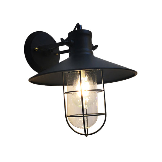 1-Light Conic Adjustable Wall Light Industrial Black Iron Sconce Lamp with Capsule Cage and Clear Glass Shade Clearhalo 'Art deco wall lights' 'Cast Iron' 'Glass' 'Industrial wall lights' 'Industrial' 'Middle century wall lights' 'Modern' 'Rustic wall lights' 'Tiffany' 'Traditional wall lights' 'Wall Lamps & Sconces' 'Wall Lights' Lighting' 1969657