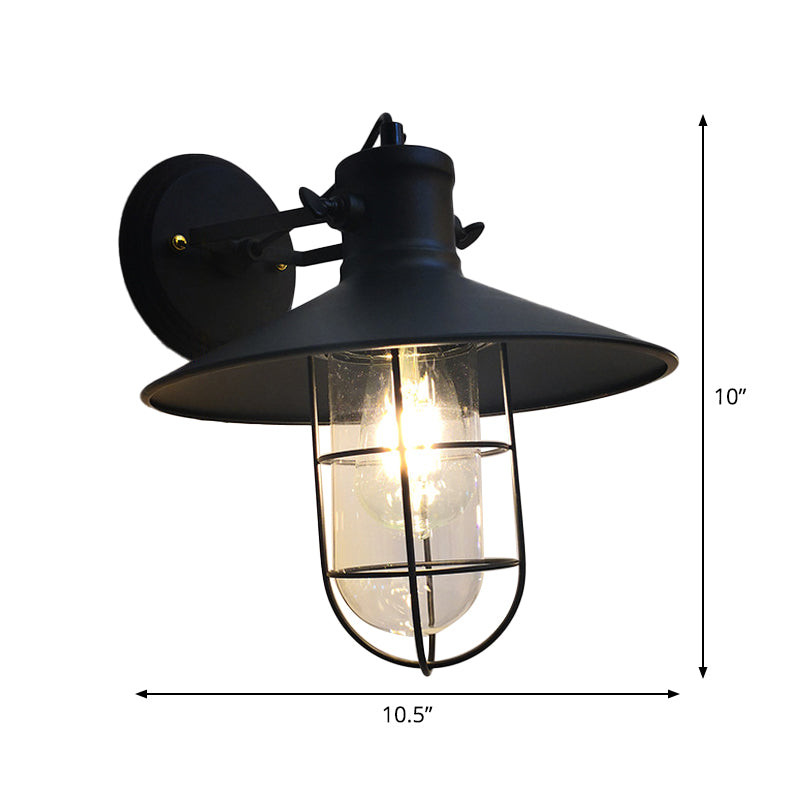 1-Light Conic Adjustable Wall Light Industrial Black Iron Sconce Lamp with Capsule Cage and Clear Glass Shade Clearhalo 'Art deco wall lights' 'Cast Iron' 'Glass' 'Industrial wall lights' 'Industrial' 'Middle century wall lights' 'Modern' 'Rustic wall lights' 'Tiffany' 'Traditional wall lights' 'Wall Lamps & Sconces' 'Wall Lights' Lighting' 1969658