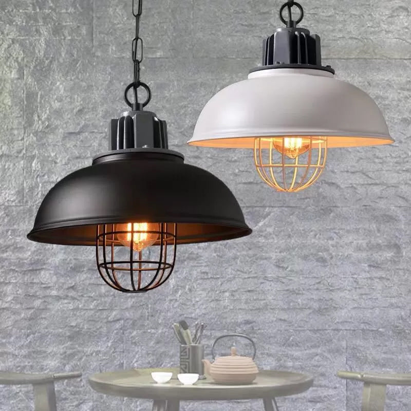 Bowl Dining Room Suspension Lighting Industrial Iron 1 Head Black/White Drop Pendant with Cage Clearhalo 'Art Deco Pendants' 'Black' 'Cast Iron' 'Ceiling Lights' 'Ceramic' 'Crystal' 'Industrial Pendants' 'Industrial' 'Metal' 'Middle Century Pendants' 'Pendant Lights' 'Pendants' 'Rustic Pendants' 'Tiffany' Lighting' 1969686