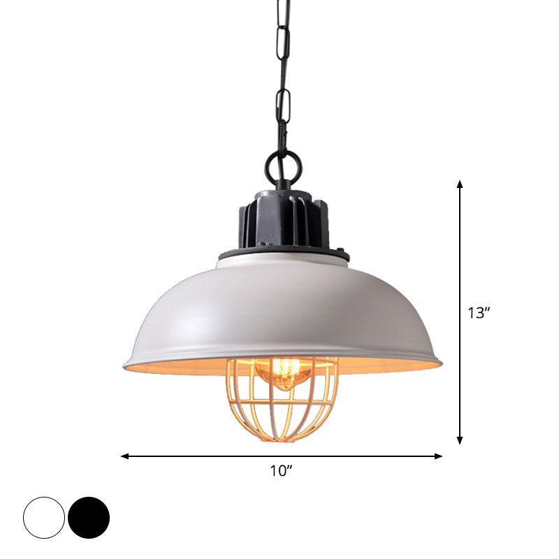 Bowl Dining Room Suspension Lighting Industrial Iron 1 Head Black/White Drop Pendant with Cage Clearhalo 'Art Deco Pendants' 'Black' 'Cast Iron' 'Ceiling Lights' 'Ceramic' 'Crystal' 'Industrial Pendants' 'Industrial' 'Metal' 'Middle Century Pendants' 'Pendant Lights' 'Pendants' 'Rustic Pendants' 'Tiffany' Lighting' 1969687