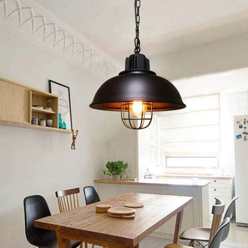Bowl Dining Room Suspension Lighting Industrial Iron 1 Head Black/White Drop Pendant with Cage Clearhalo 'Art Deco Pendants' 'Black' 'Cast Iron' 'Ceiling Lights' 'Ceramic' 'Crystal' 'Industrial Pendants' 'Industrial' 'Metal' 'Middle Century Pendants' 'Pendant Lights' 'Pendants' 'Rustic Pendants' 'Tiffany' Lighting' 1969690