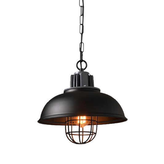 Bowl Dining Room Suspension Lighting Industrial Iron 1 Head Black/White Drop Pendant with Cage Clearhalo 'Art Deco Pendants' 'Black' 'Cast Iron' 'Ceiling Lights' 'Ceramic' 'Crystal' 'Industrial Pendants' 'Industrial' 'Metal' 'Middle Century Pendants' 'Pendant Lights' 'Pendants' 'Rustic Pendants' 'Tiffany' Lighting' 1969691