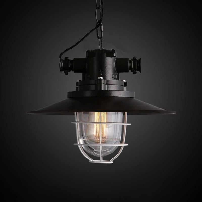 Black 1-Light Pendant Light Kit Factory Metal Saucer Hanging Lamp with White Wire Cage and Glass Shade Inside Black Clearhalo 'Art Deco Pendants' 'Black' 'Cast Iron' 'Ceiling Lights' 'Ceramic' 'Crystal' 'Industrial Pendants' 'Industrial' 'Metal' 'Middle Century Pendants' 'Pendant Lights' 'Pendants' 'Rustic Pendants' 'Tiffany' Lighting' 1969692