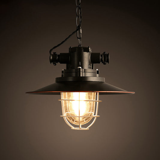 Black 1-Light Pendant Light Kit Factory Metal Saucer Hanging Lamp with White Wire Cage and Glass Shade Inside Clearhalo 'Art Deco Pendants' 'Black' 'Cast Iron' 'Ceiling Lights' 'Ceramic' 'Crystal' 'Industrial Pendants' 'Industrial' 'Metal' 'Middle Century Pendants' 'Pendant Lights' 'Pendants' 'Rustic Pendants' 'Tiffany' Lighting' 1969693